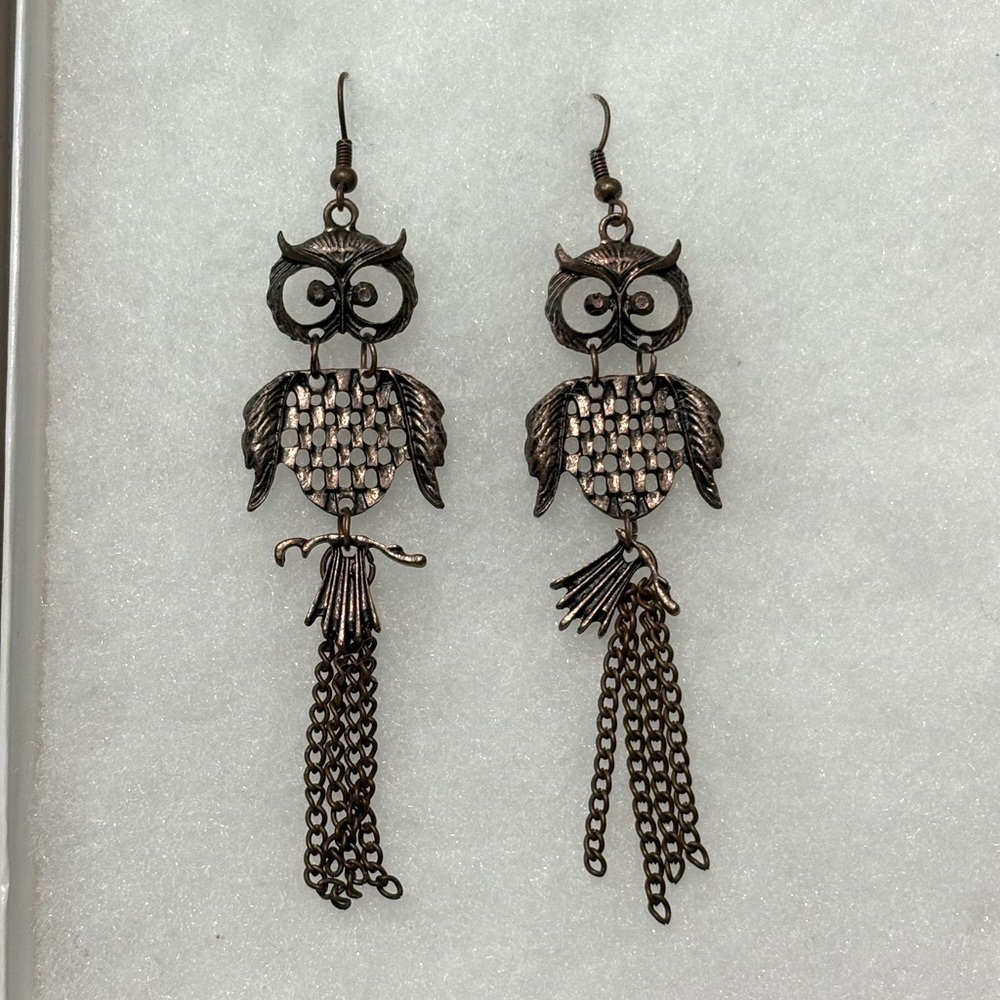 Owl Dangle Earrings Copper Tone
